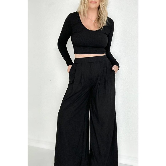 💲⬇️2 Pcs Ribbed Crop Top and Wide Leg Pants Set with Pockets - Picture 2 of 7